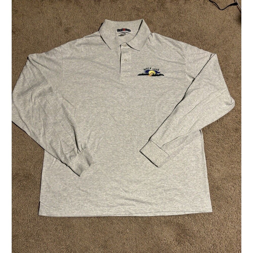 Vintage 90s Grey Embroidered Wolf Lake Polo Men’s Large Sun Wolf Lake Nature